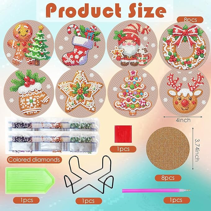 ijbnhd 8 Pcs Christmas Diamond Painting Coasters Kits Diamond Art Coasters | - Image 3