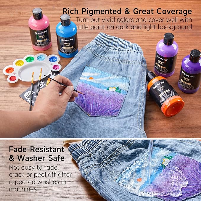 Shuttle Art 18 Colors Fabric Paint, 250ml/8.45oz, Permanent Soft Fabric Paint - Image 4