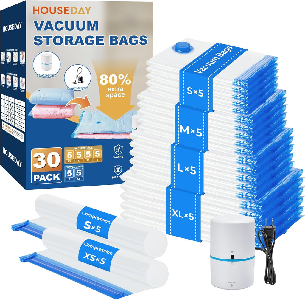 HOUSE DAY 30 Pack Vacuum Storage Bags with Electric Pump, 4 Sizes + 2 Roll-Up (5 Each), Space Saver Vacuum Seal Bags for Clothing, Bedding, Pillows, Travel – Airtight Seal, Reusable & Durable