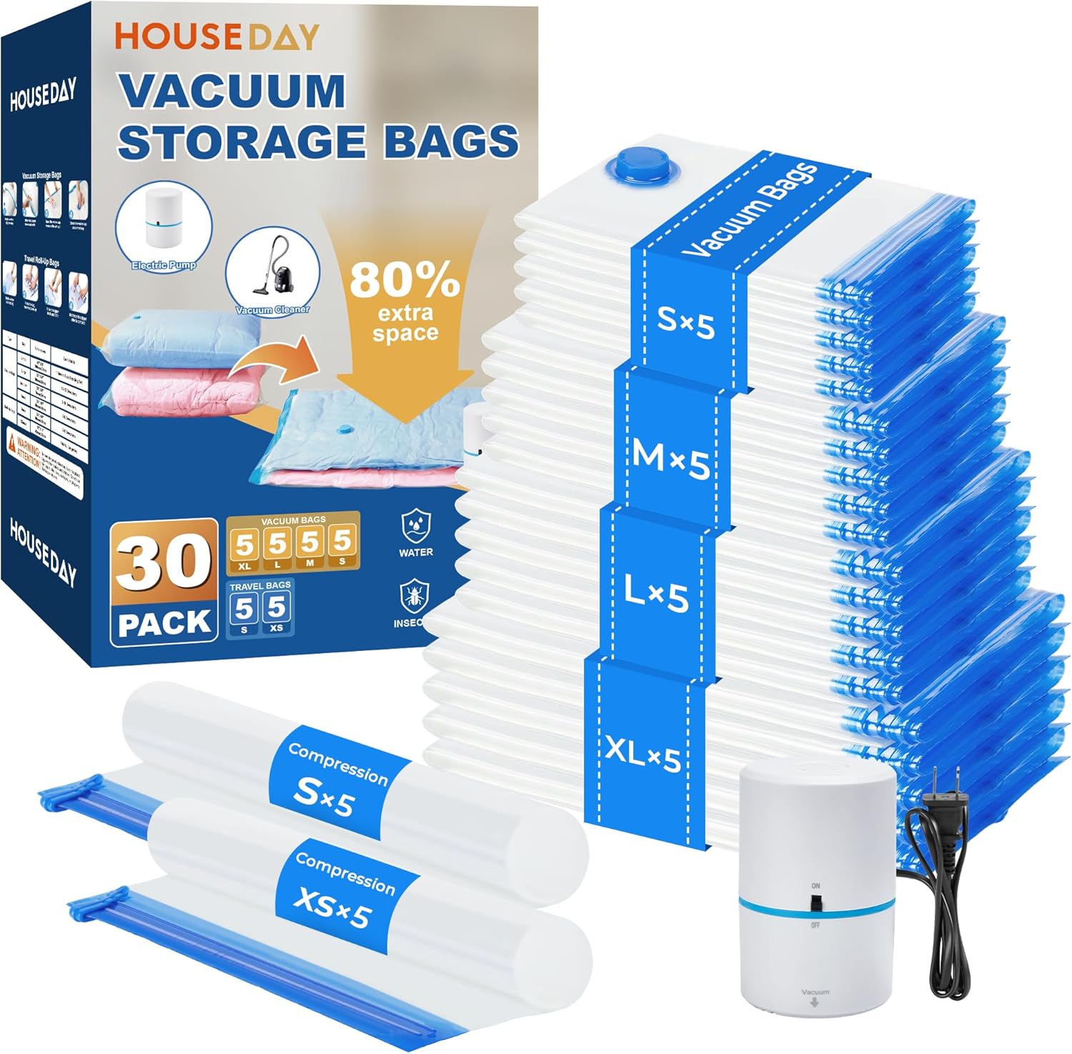 HOUSE DAY 30 Pack Vacuum Storage Bags with Electric Pump, 4 Sizes + 2 Roll-Up (5 Each), Space Saver Vacuum Seal Bags for Clothing, Bedding, Pillows, Travel – Airtight Seal, Reusable & Durable