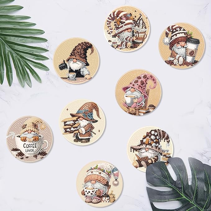 Clendo 8 Pcs Coffee Gnome Diamond Art Coasters Kit - Image 5