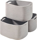 Storage Baskets for Organizing Shelves, Woven Cotton Rope Bins for Baby Nursery Organization, Book Toy Towel Organizer, 15"x11"x9.5", 3 Packs, Grey