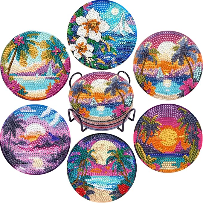 EWJRNSF 6 PCS Ocean Beach Diamond Art Coasters Kit by EWJRNSFDiamondPainting