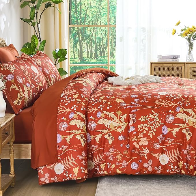 Yiran King Size Comforter Set 7 Piece, Burnt Orange Floral Bedding Set - Image 3