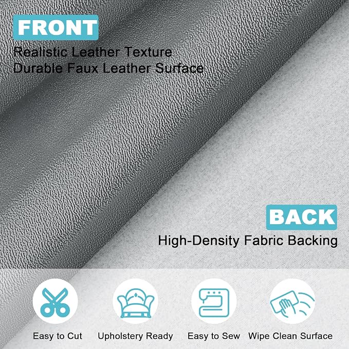 Grey Faux Leather Fabric 197"×55" Smooth Grain Upholstery Vinyl - Image 2