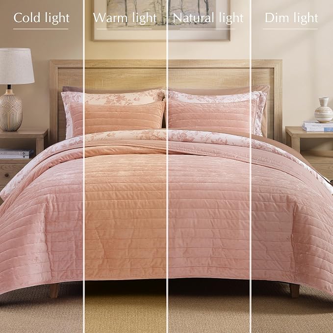 WRENSONGE Velvet Queen Quilt Set-3 Pieces Clay Pink Luxurious Velvet Striped - Image 7