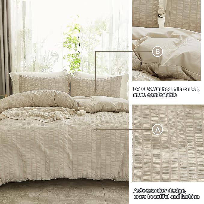 AveLom Beige Seersucker Duvet Cover Set Full Size, 3 Pieces, Ultra Soft Washed - Image 5