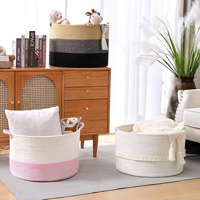 67L Large Blanket Basket, 20"x13" Woven Storage Baskets With Handle, Cotton Rope Blanket Basket Living Room, Baby Laundry hamper for Blanket, Nursery, Toy, Pillow (White)