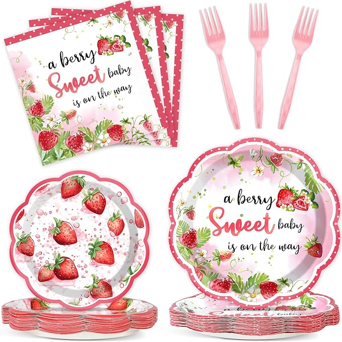 Qyeahkj 100 Pcs Strawberry Baby Shower Party Plates Napkins Forks Supplies Set by Qyeahkj