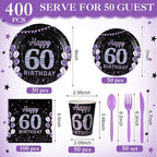 Pickmesh 400 Pcs 60th Birthday Party Supplies Purple Black Happy Birthday - Image 3