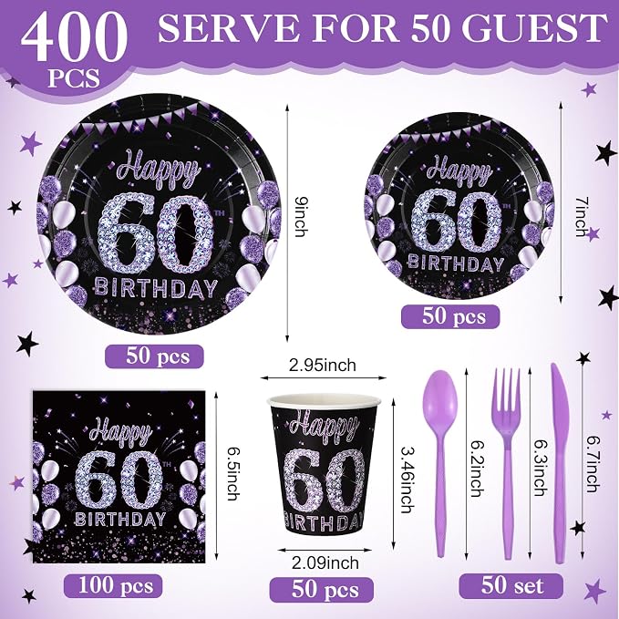 Pickmesh 400 Pcs 60th Birthday Party Supplies Purple Black Happy Birthday - Image 3