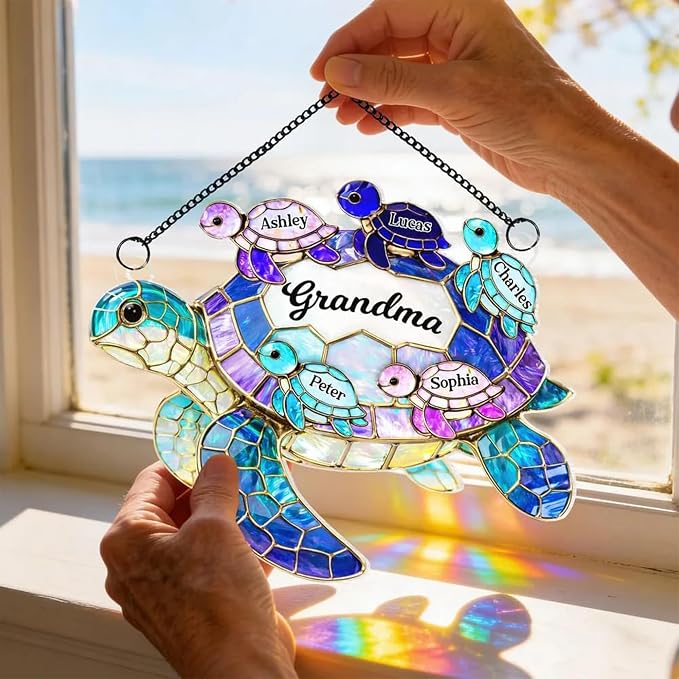 Grandma's Little Turtle Broken Glass Hologram Ornament, Personalized Grandma - Image 3