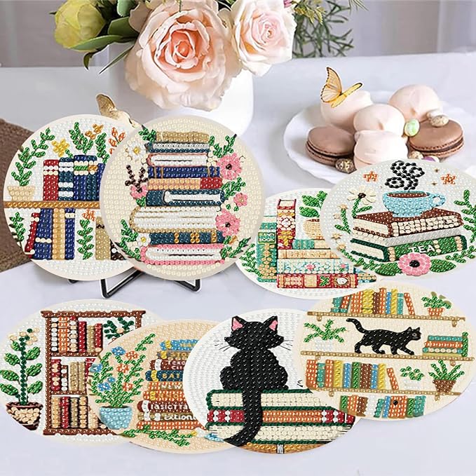 8 Pack Bookshelf Diamond Art Coasters, Diamond Painting Coasters Kits | Books - Image 5