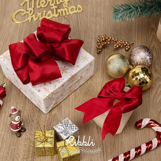 Ribbli Red Double Faced Satin Wired Ribbon 2.5 Inch Christmas Ribbon - Image 2