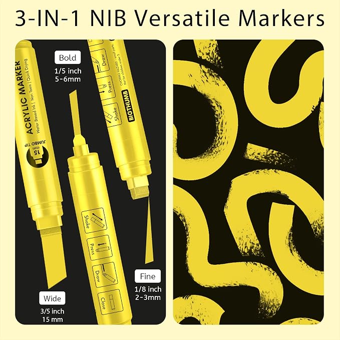 BIGTHUMB 3 Pcs Yellow Jumbo Permanent Markers: 15mm Wide Tip Thick Acrylic - Image 2