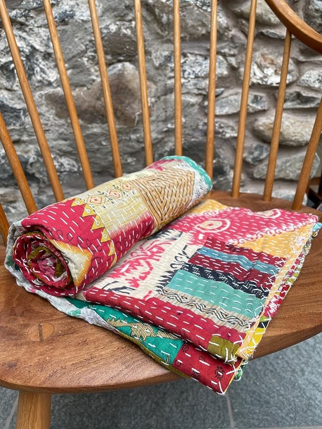 Indian Vintage Patchwork Cotton Kantha Quilt 55X85" Assorted Patches Cotton - Image 4