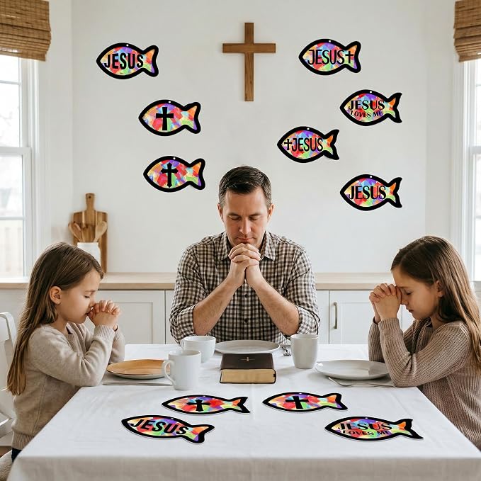 48PCS Sunday School VBS Crafts Bulk: Paper Jesus Fish Nativity Suncatchers - Image 3