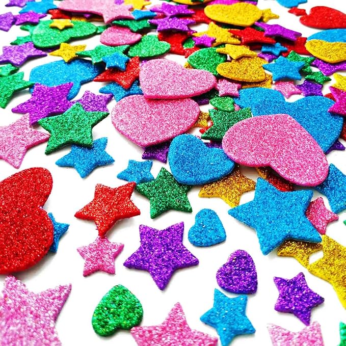 260 Pieces Colorful Glitter Foam Stickers Self Adhesive Stars Mini Heart Shapes - Image 7