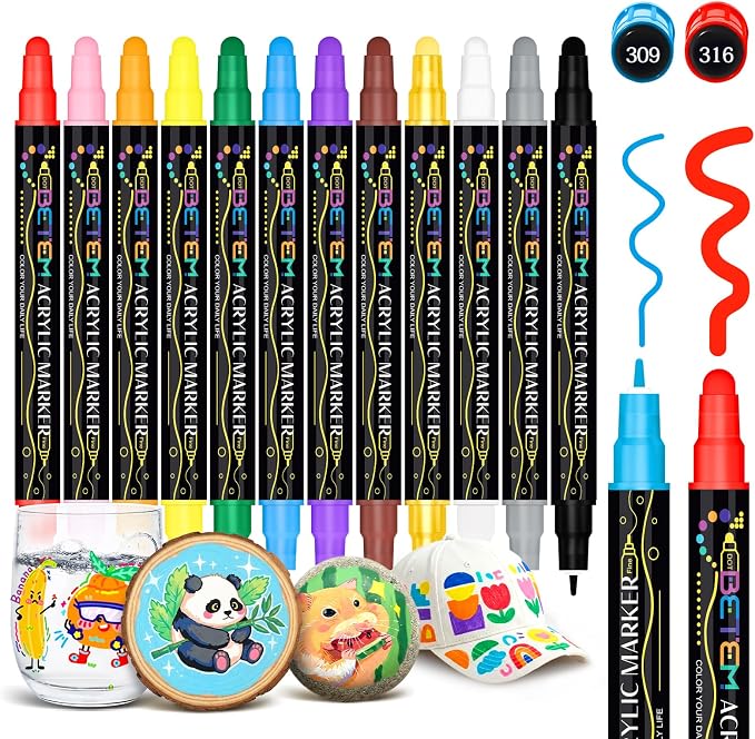 Betem 12 Colors Dual Tip Acrylic Paint Markers, Fabric Decorating Kits Premium by BetemArtWorld