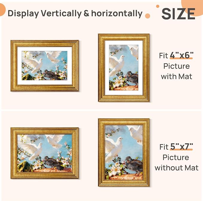 upsimples Vintage 5x7 Picture Frame, Antique Gold Frame Displays 4x6 - Image 2