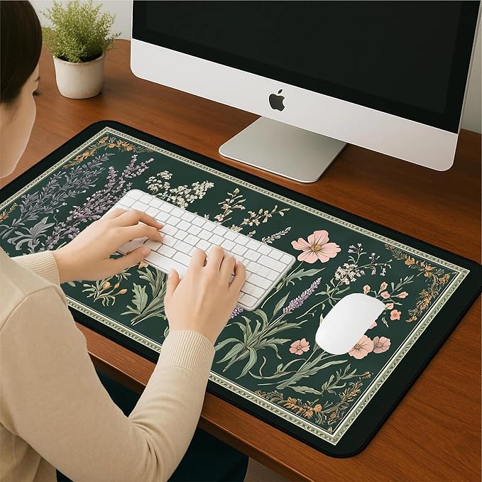 Deep Green Retro Desk Pad, Plant Flower Mouse Pad XXL, Large Gaming Mouse Mat - Image 7