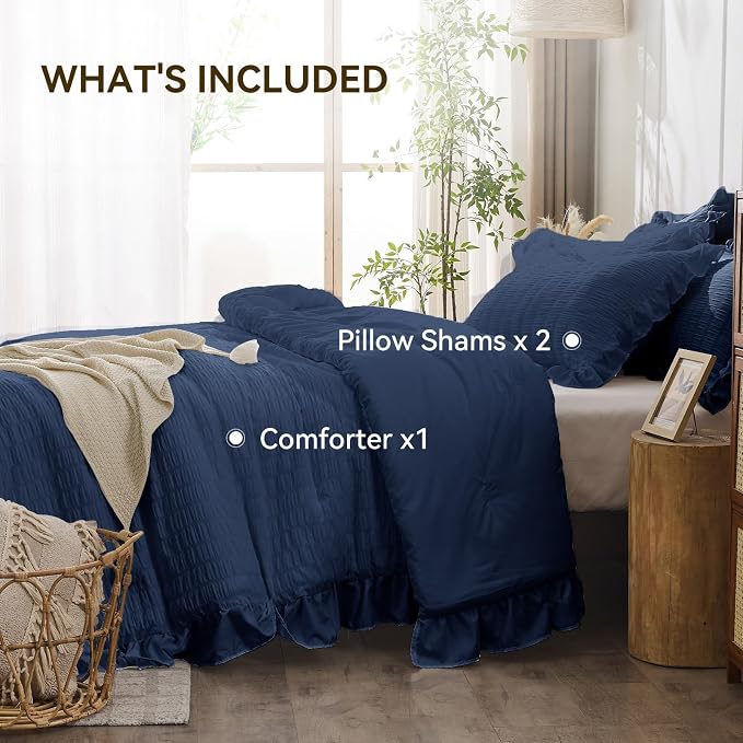 JOLLYVOGUE Navy Blue King Comforter Set, 3 Pieces Seersucker Comforters King - Image 6