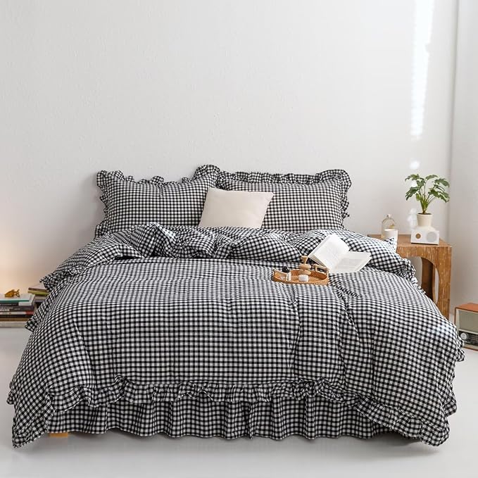 mixinni Black White Gingham Ruffle Duvet Cover Queen Size 3 Pieces – 100% - Image 7