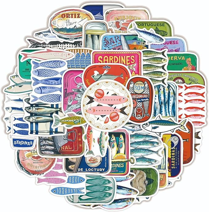 50 Pcs Vintage Sardine Fish Can Stickers, Retro Seafood Tin Label Ocean Fish - Image 5