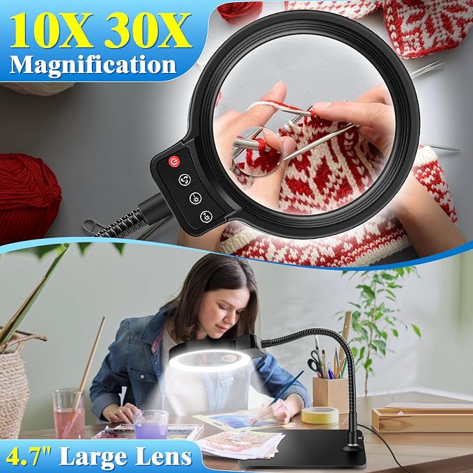 30X 10X Magnifying Glass with Light and Stand, 72 LED 3 Color Modes Stepless - Image 2
