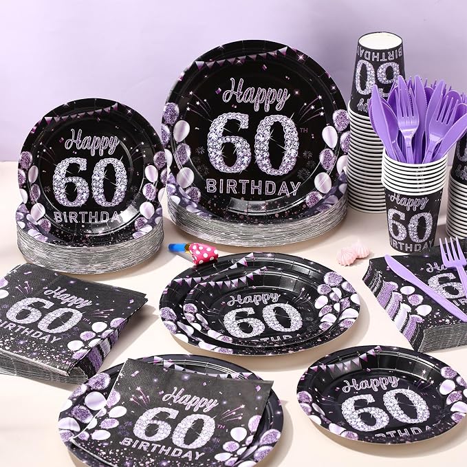 Pickmesh 400 Pcs 60th Birthday Party Supplies Purple Black Happy Birthday - Image 6