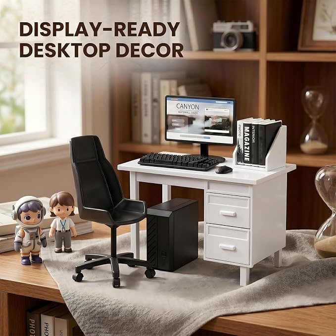 1:12 Scale Miniature Computer Desk & Chair Set – Dollhouse Office Furniture - Image 6