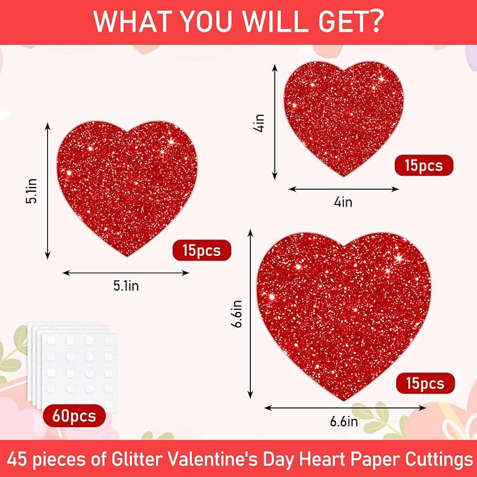 JarThenaAMCS 45Pcs Valentine' s Day Heart Cutouts Red Pink Glitter Heart Shaped - Image 2