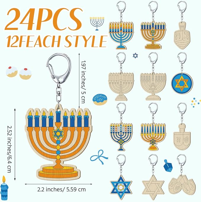RattanView 24 Pcs Hanukkah Craft Color Your Own Keychains DIY Craft Wooden - Image 2