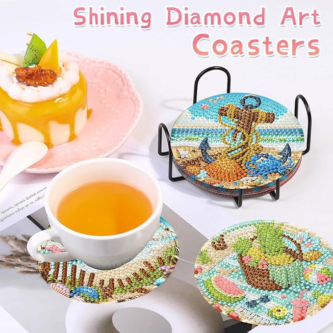 Benjenes 8 PCS Diamond Art Coasters Kits Beach Diamond Painting Coaster | - Image 3