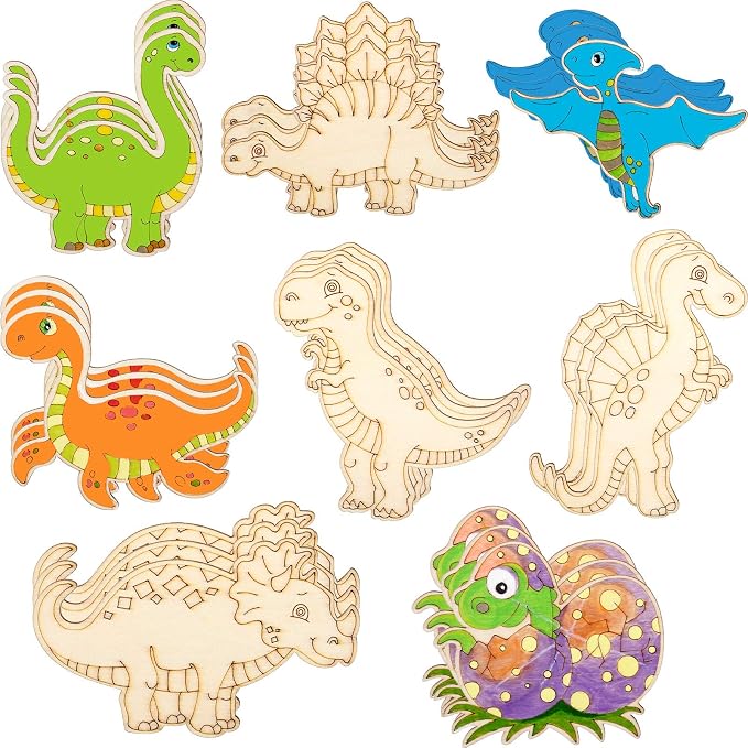 Jetec 24 Pieces Dinosaur Unfinished Wood Cutouts Animal Wooden Paint Crafts by Jetec