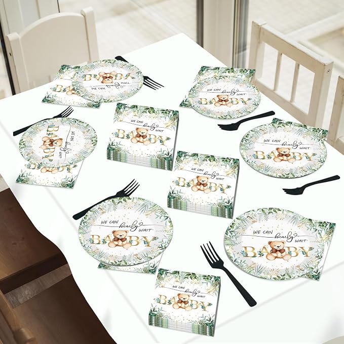 Naozinebi 200PCS Sage Green Bear Baby Shower Decoration Teddy Plates Napkins We - Image 6
