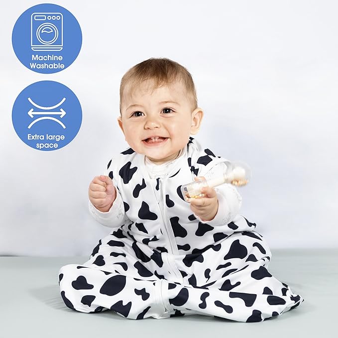 Baby Sleep Sack 0-6 Months Baby Wearable Blanket 100% Rayon Cotton 2-Way Zipper Toddler Sleeping Sack，Comfy Soft Lightweight TOG 0.3（Cow Print）