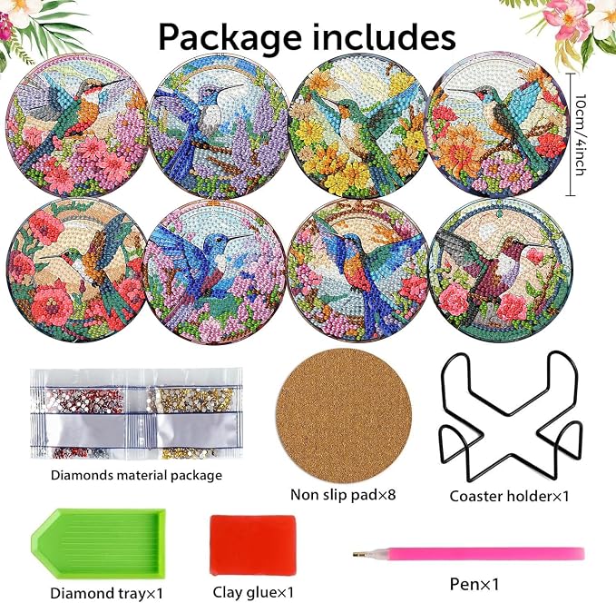 8 Pack Diamond Art Coasters, Hummingbird flowers Diamond Painting Coasters | - Image 2