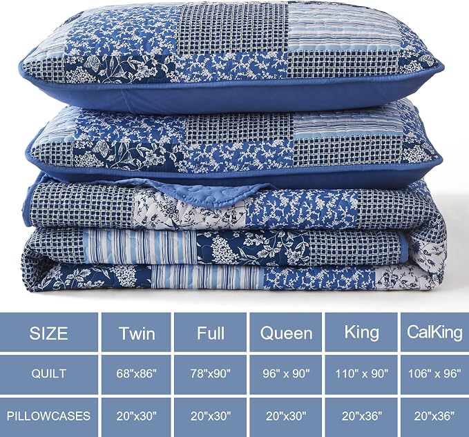 Mybedsoul Blue Boho Quilt Set King Size, 3 Pieces Plaid Floral Bedspread - Image 6