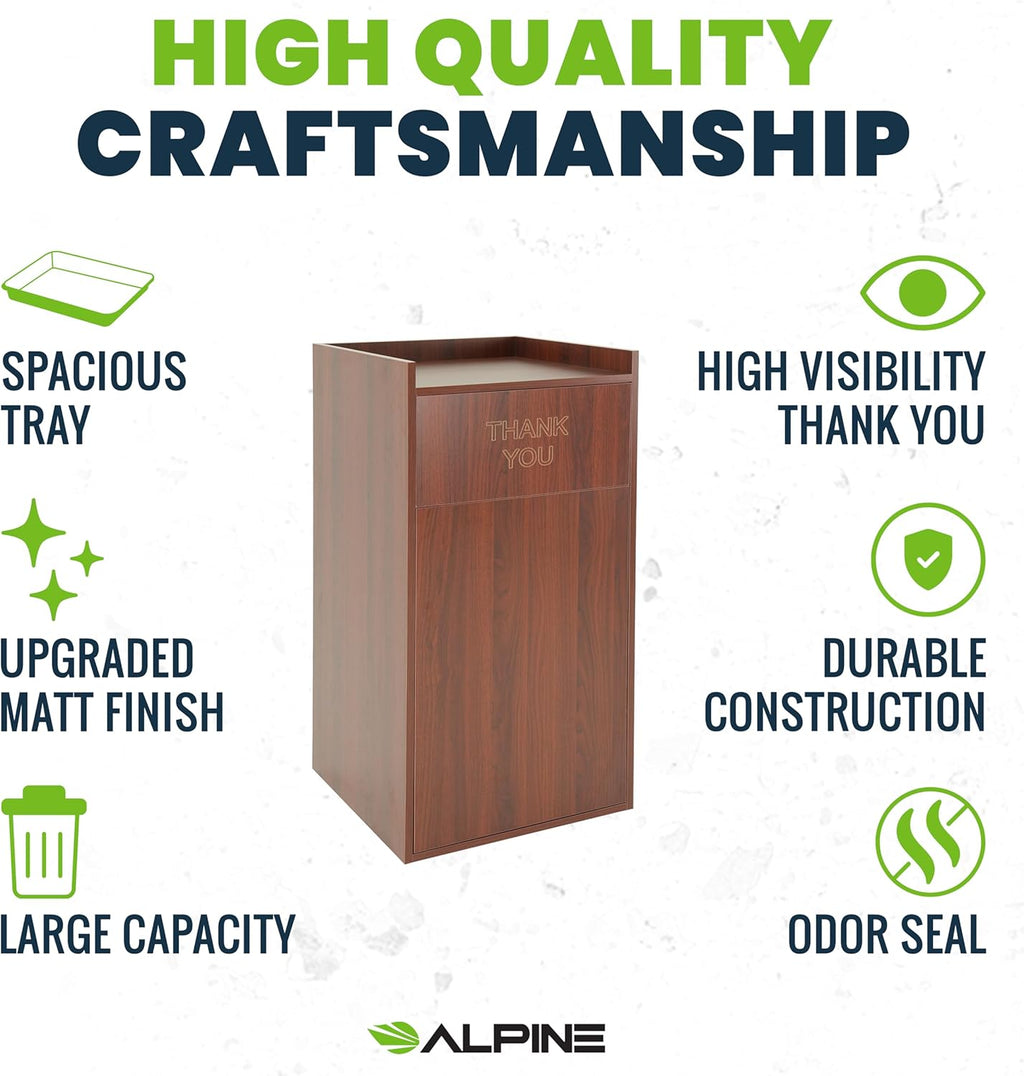 Alpine Restaurant Trash Can Cabinet - Commercial Trash Can 40 Gallon, Garbage Receptacle Indoor with Tray Holder for Restaurants, Cafeterias (Mahogany)