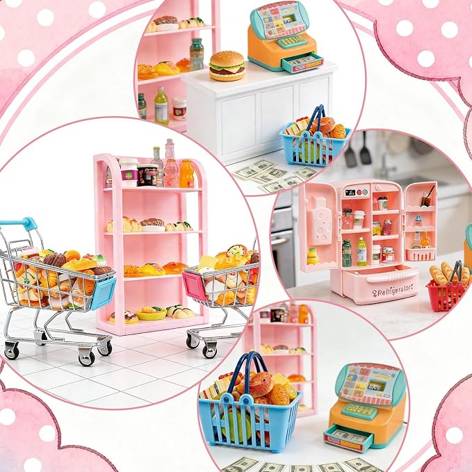 164Pcs Mini Shopping Cart Basket Miniature Food Drink Toy Supermarket Metal - Image 5