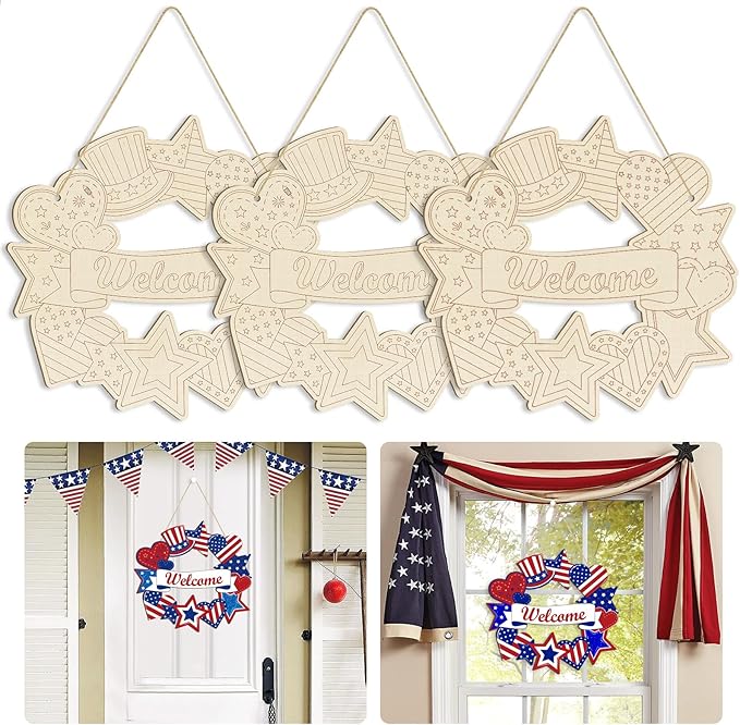 Large 12" Wooden 4th of July Crafts Star Ornaments to Paint, DIY Blank by Sophena