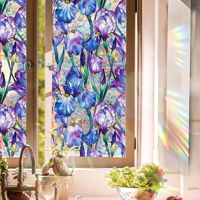 Stained Glass Window Film UV Resistant Window Privacy Film Purple Floral by Aomkmi