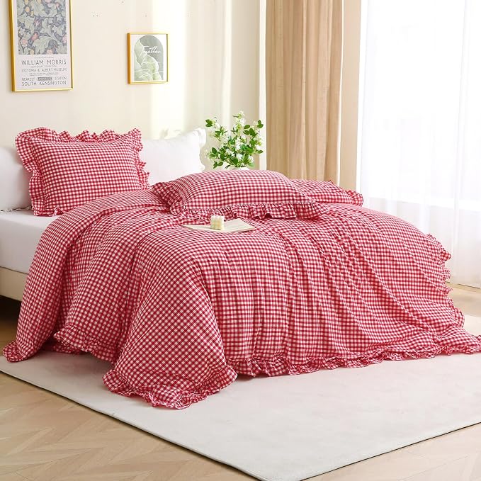 Silnuo Red/White Checkered Ruffle 3-Piece Duvet Cover Set Queen Size, Washed by Silnuo