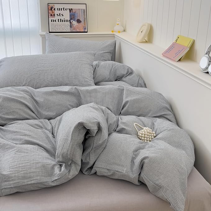 mixinni Grey Striped Duvet Cover Queen Size - Image 4