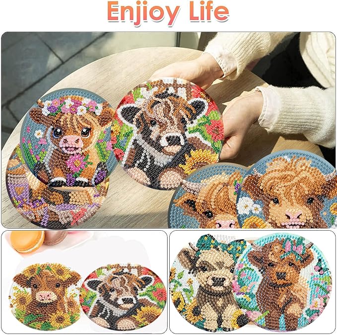 ijbnhd 8 Pack Highland Cow Diamond Art Coasters Kits | Cow Diamond Painting - Image 2