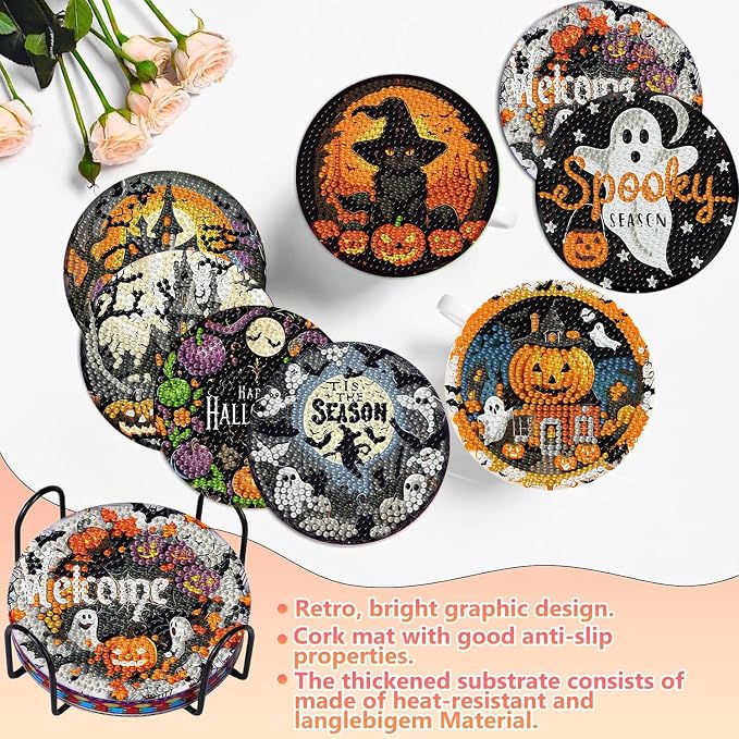 8 PCS Halloween Diamond Art Coasters Kits Diamond Painting Coaster | Diamond - Image 4