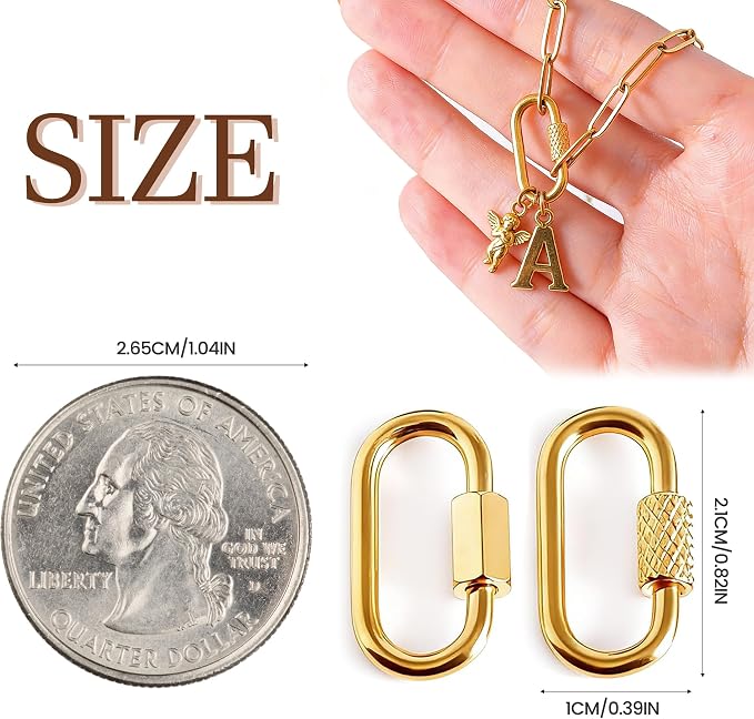 Stainless Steel Screw Lock Charms Carabiner Bracelet, 18K Gold Plated, 10 Pieces - Image 2