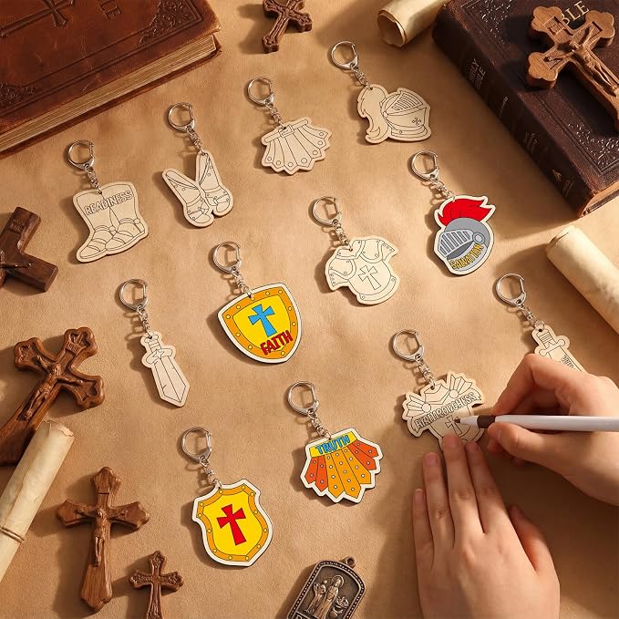 RattanView 24 Pcs Armor of God Crafts Color Your Own Keychains DIY Craft Wooden - Image 4