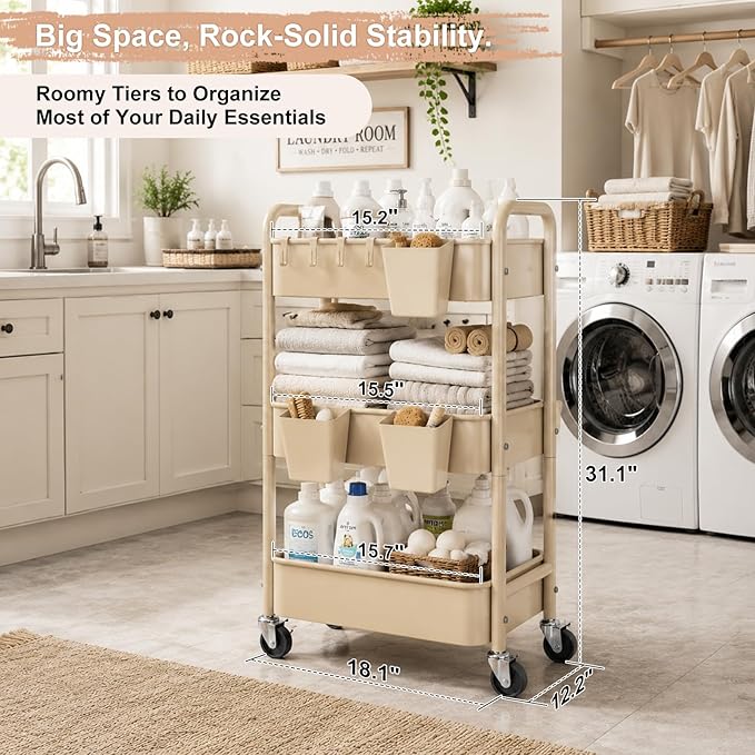 3 Tier Beige Rolling Storage Cart Metal on Wheels, Cream Three Tiered Diaper - Image 6